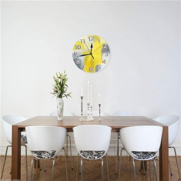 Grey and Yellow Abstract Art Painting White Wall Clock,Silent NonTicking Quality - Picture 3 of 4